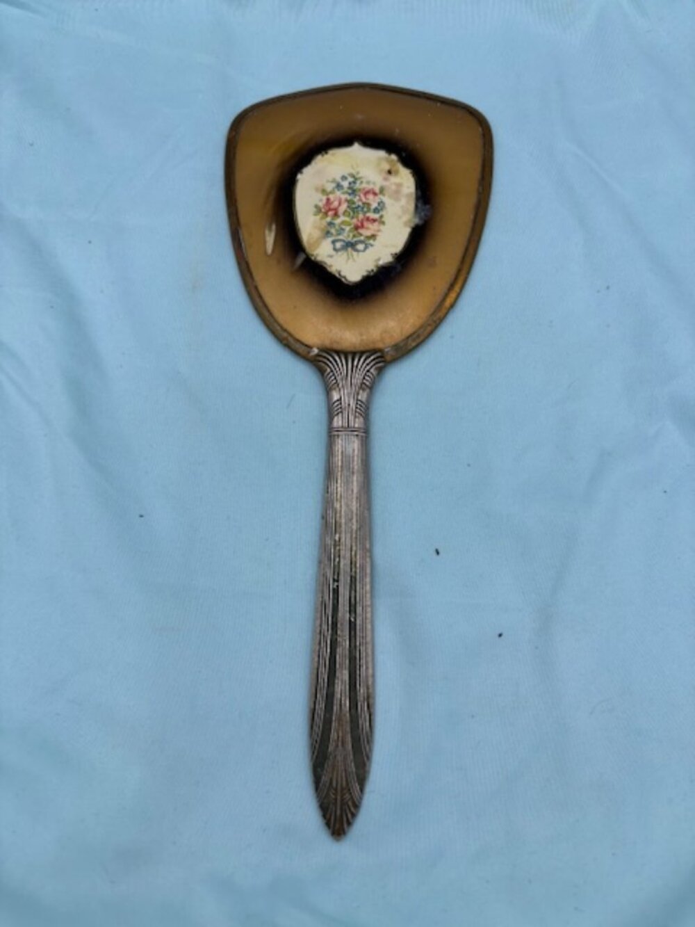 Vintage Antigue Floral Design Metal Handle Frame Mirror